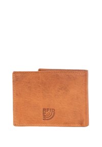 Brown leather wallet with a smooth texture, featuring stitched edges and an embossed RFID logo on the front. Rectangular design.