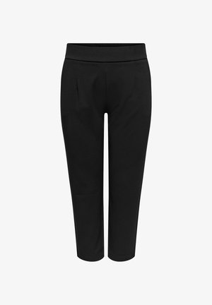 Black cropped pants with a wide elastic waistband, smooth texture, and no visible fasteners or pockets. Classic design suitable for various occasions.