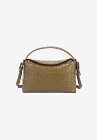 Torebka oliwkowa z tłoczeniem imitującym skórę krokodyla, z uchwytem u góry i odpinanym paskiem na ramię; prostokątny kształt z gładką fakturą i zaokrągloną klapą.