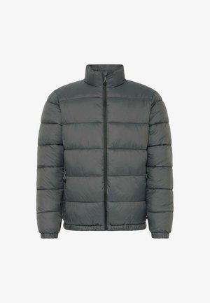 Gray puffer jacket with a high collar, front zipper, quilted texture, and elastic cuffs. Two side pockets with zippers.