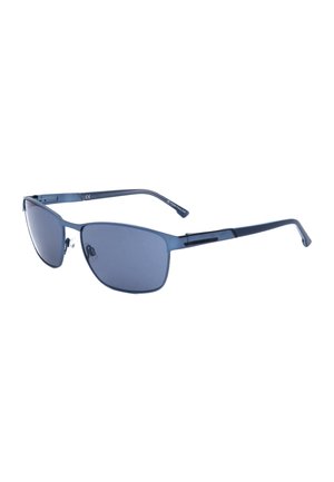 Occhiali da sole con montatura metallica blu, lenti rettangolari scure e naselli regolabili su sfondo bianco.