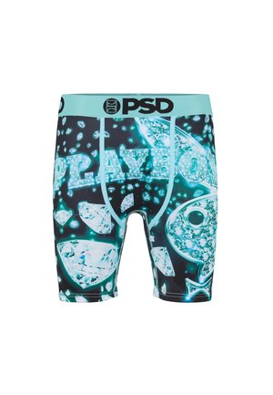 Herre boxer briefs med turkis linning, sort bund og glødende diamant- og "PLAYBOY" tekst grafisk design.