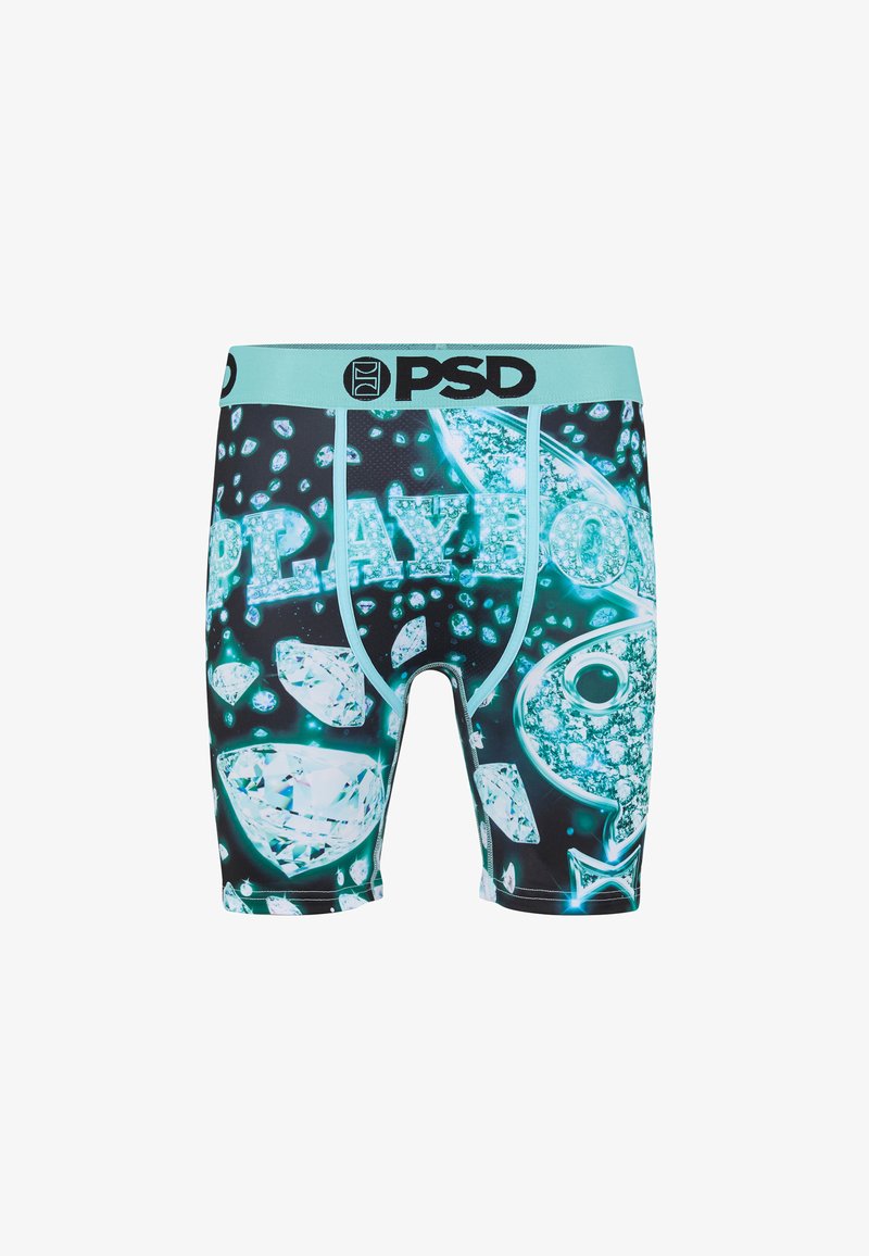 Ανδρικά boxer briefs με τυρκουάζ μέση, μαύρη βάση και φωτεινό διαμαντένιο και "PLAYBOY" κείμενο σχεδιασμό γραφικών.