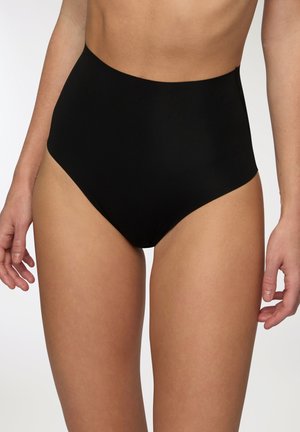 Infradito neri a vita alta realizzati in un materiale liscio ed elastico con un design senza cuciture e una leggera lucentezza. Presentano un taglio classico.