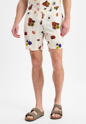 Herren Bade-Shorts mit cremefarbenem Blumendesign, farbenfrohen Schmetterlingen und Blumenmustern, Kordelzug-Taille und leichtem Stoff.