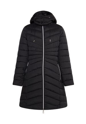 Fekete puffdzseki kapucnival, chevron átlapolt mintával, cipzáras elülső résszel és oldalsó zsebekkel, ezüst színű részletekkel.