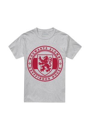 Gray T-shirt with red Hogwarts Alumni Gryffindor House crest featuring a lion emblem in the center.