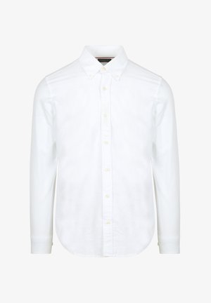 Witte overhemd met knopen van geweven katoen, met een klassieke kraag, lange mouwen en een afgeronde zoom. Gedetailleerd met gele knopen.