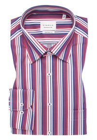 Camicia a strisce rossa, blu e bianca piegata ordinatamente. Presenta un colletto classico, un design comodo e polsini abbottonati con angoli arrotondati.