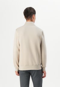 Beige sweatshirt with a high collar, long sleeves, and ribbed cuffs. Smooth texture, simple design, and no visible patterns or accents.