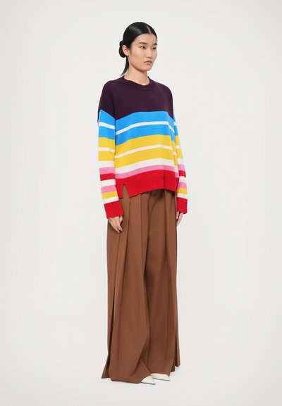 Maglione a righe multicolore in viola, blu, giallo e rosso. Fit oversize con polsini a coste, abbinato a pantaloni larghi marroni.