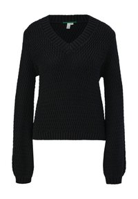 Pull tricoté noir avec col en V, manches longues, poignets et bas côtelés, avec un motif gaufré texturé.