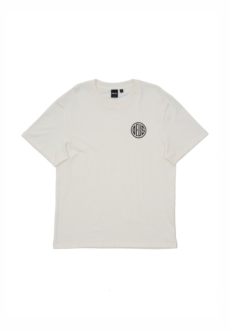 White cotton t-shirt with short sleeves and a crew neck, featuring a black circular logo on the left chest area. Soft texture.