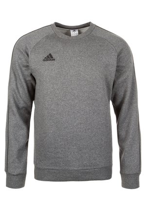 Szara bluza Adidas z długim rękawem i okrągłym dekoltem, czarne logo Adidas na lewej piersi oraz ściągacze na mankietach i dolnym brzegu.