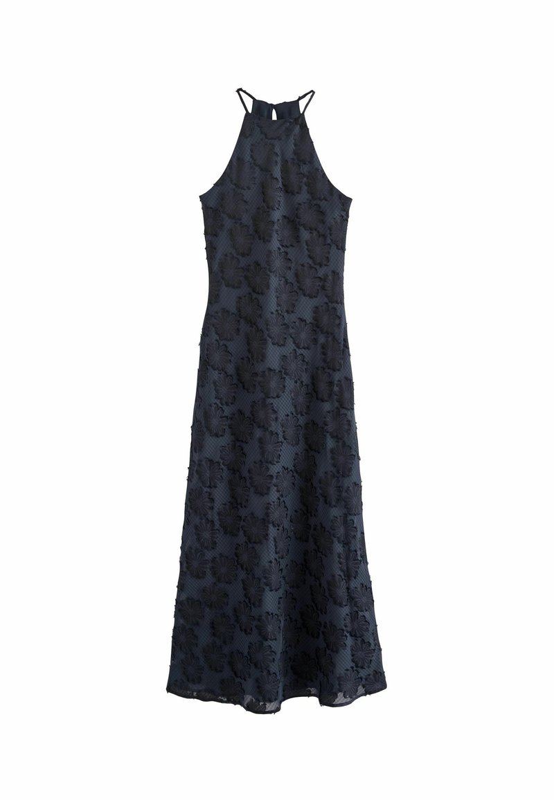 Navyblaues Kleid mit hohem Ausschnitt und dünnen Trägern, mit strukturierten Blumenstickereien und einem bodenlangen Schnitt.