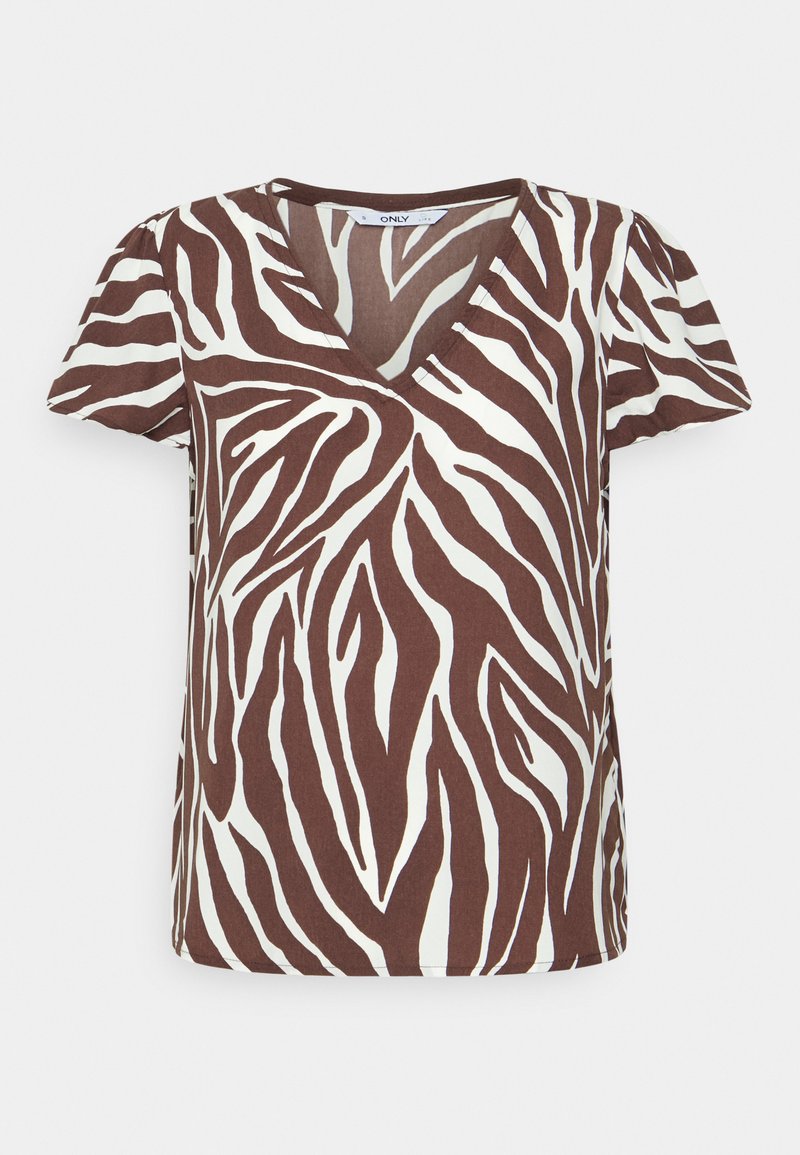Top castanho e branco de manga curta com decote em V e um design de padrão zebra, apresentando um corte largo e um tecido leve.