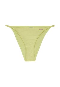 Šviesiai žalias bikinio apatinis trikotažas, pagamintas iš raukšlėtos medžiagos. Turi plonas petnešas ir žemą liemenėlės design'ą su minimalia aprėptimi. Žymė matoma šone.