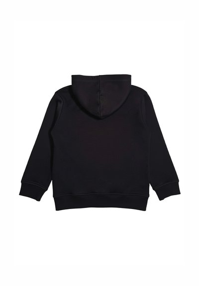 Felpa nera con cappuccio e maniche lunghe vista da dietro, con polsini e orlo a costine, mostrata su uno sfondo bianco.