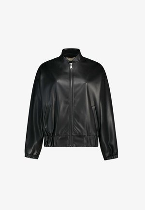 Giubbotto bomber in pelle sintetica nera con zip frontale, colletto rialzato, tasche laterali e polsini e orlo elasticizzati.