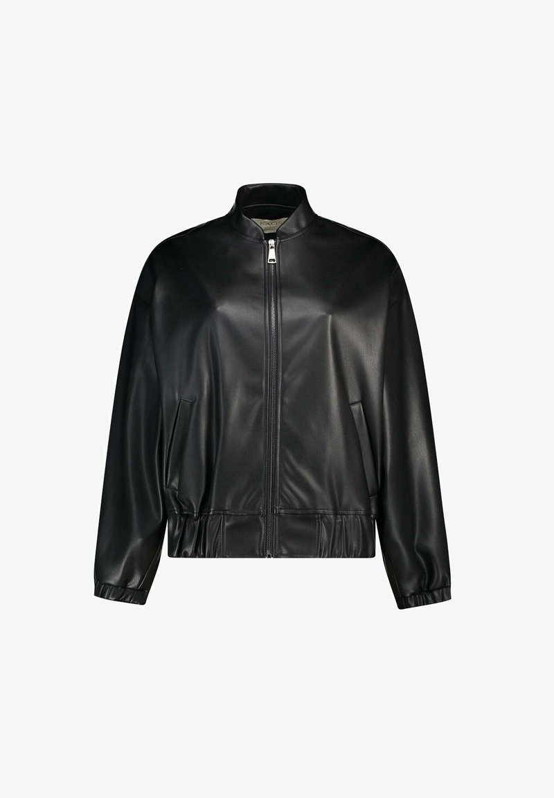 Veste bomber en simili cuir noire avec fermeture éclair à l'avant, col montant, poches latérales, et poignets et ourlet élastiques.