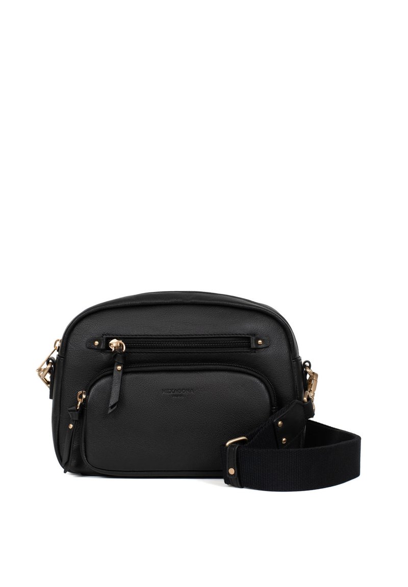 Borsa a tracolla in pelle nera con forma arrotondata, due scomparti con zip, hardware in tonalità oro e tracolla regolabile in tessuto.