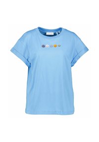 Ljusblå bomullströja med rullade ärmar och fem färgglada broderade smileys över bröstet. Klassisk rundhalsad design.