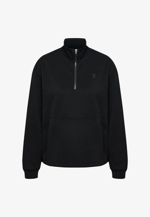 Zwarte pullover met lange mouwen, halve ritssluiting, hoge kraag, voorzak in kangoeroestijl en subtiel logo op de linkerborst.