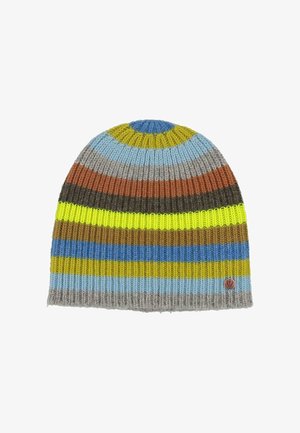 Mitmevärviline kudumismüts horisontaalsete triipudega sinise, kollase, pruuni, halli ja oranži tooni, millel on väike ümmargune vaskembleem.