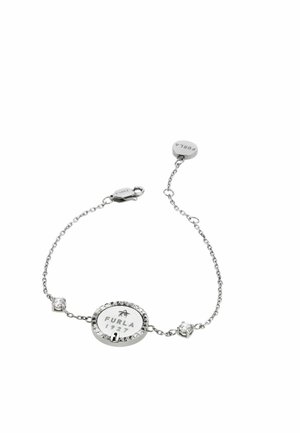 Silberne Kettenarmband mit einem ovalen Anhänger, der die Gravur "Furla 1927" trägt, verziert mit zwei klaren Edelsteinakzenten an den Seiten.