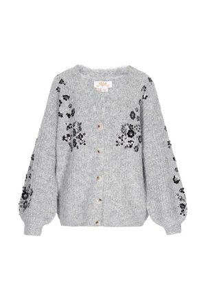 Grå, fuzzy cardigan med rund halsudskæring, forreste knapper og blomster formerede accenter på ærmerne. Blød tekstur med en afslappet pasform.
