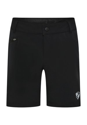 Black athletic shorts with zippered side pocket, button closure, and small silver logo on the lower left leg.