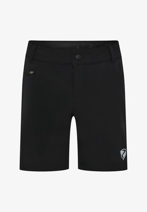 Black athletic shorts with zippered side pocket, button closure, and small silver logo on the lower left leg.