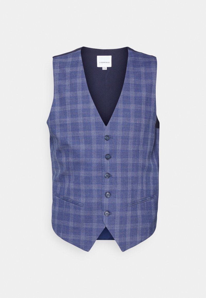 Gilet pour homme à carreaux bleus et gris avec cinq boutons et deux poches fendues à l'avant, sans manches, col en V.