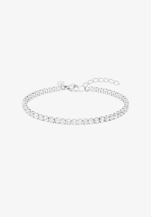 Silbernes Tennis-Armband mit quadratischen Gliedern und klaren, runden Edelsteinen, ausgestattet mit Karabinerverschluss und verstellbarer Kette mit herzförmigen Gliedern.