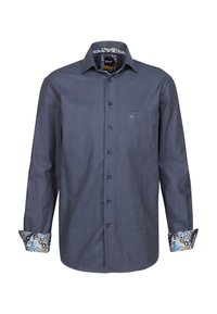 Dunkelblaue Knopfhemd mit langen Ärmeln, versehen mit einem gemusterten Kontrastbund und einer kleinen Brusttasche. Stoff aus Baumwollmischung.