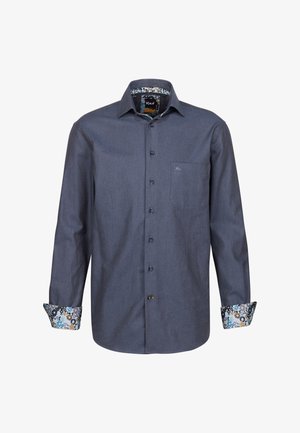 Camicia button-up blu scuro con maniche lunghe, caratterizzata da un polsino a contrasto con motivo e una piccola tasca sul petto. Tessuto in misto cotone.