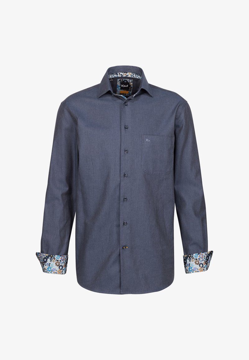 Camicia button-up blu scuro con maniche lunghe, caratterizzata da un polsino a contrasto con motivo e una piccola tasca sul petto. Tessuto in misto cotone.
