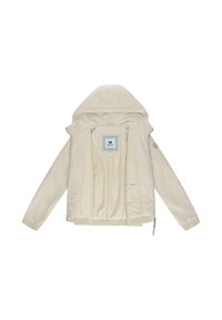 Jasnoróżowa beżowa kurtka z kapturem wykonana z gładkiej tkaniny, z prążkowanymi mankietami i dolnym brzegiem oraz wewnętrzną kieszenią z metką. Z przodu zapinana na zamek.