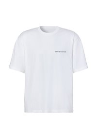 White cotton T-shirt with a relaxed fit, round neckline, short sleeves, and subtle gray "CPH STUDIOS" text on the front.