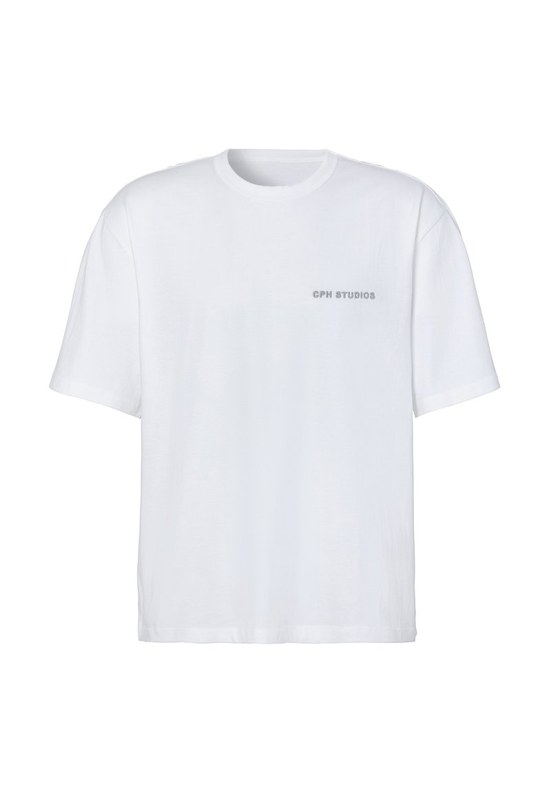 White cotton T-shirt with a relaxed fit, round neckline, short sleeves, and subtle gray "CPH STUDIOS" text on the front.