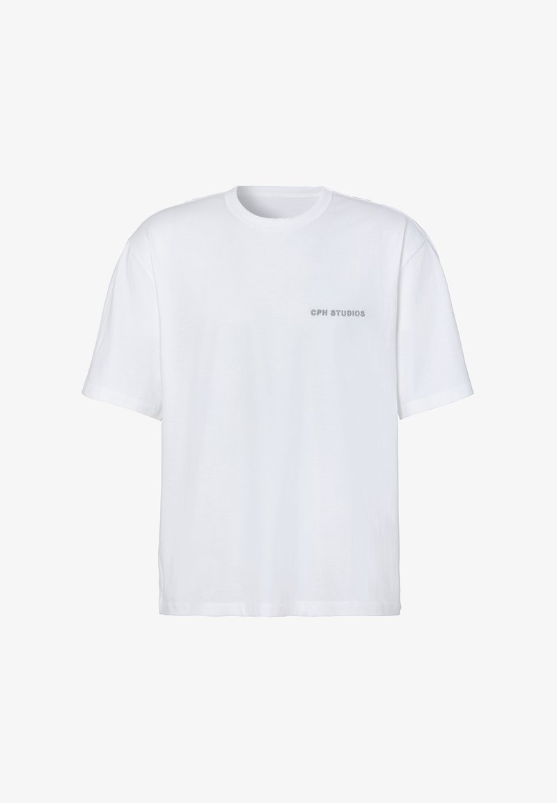 White cotton T-shirt with a relaxed fit, round neckline, short sleeves, and subtle gray "CPH STUDIOS" text on the front.