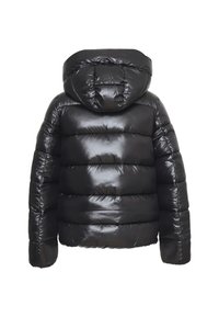 Giacca a vento nera con cappuccio, realizzata in materiale lucido, design trapuntato con sezioni orizzontali e polsini elasticizzati. Vista posteriore.
