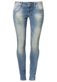 Slim-fit light blue denim jeans with faded areas on thighs, double button closure, front pockets, and belt loops.