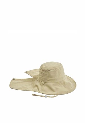 Cappello da sole beige a tesa larga con protezione per il collo e cinturino regolabile sotto il mento, progettato per una protezione solare completa.
