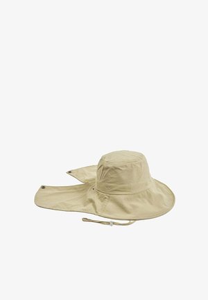 Sombrero de sol beige con ala ancha, protector para el cuello y correa ajustable para la barbilla, diseñado para protección total contra el sol.
