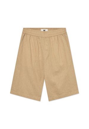 Beige bomuldsshorts med elastisk talje, to sidelommer og en afslappet pasform. Stofret har en subtil tekstur.