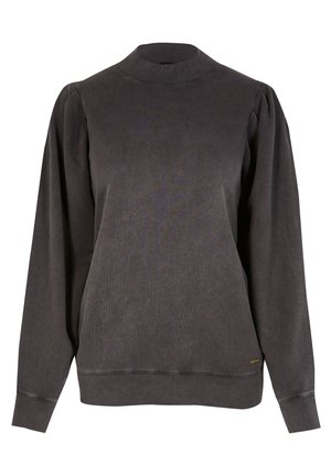 Sweat-shirt gris foncé à manches longues avec col montant côtelé, poignets et ourlet, avec des épaules légèrement bouffantes et une petite étiquette logo dorée près de l'ourlet.