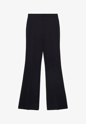 Pantaloni neri a campana con un tessuto liscio, dotati di una parte frontale piatta, tasche laterali e un design su misura per una vestibilità strutturata.