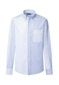 Camicia a righe blu chiaro e bianco, con bottoni, maniche lunghe, colletto e tasca sul petto. Tessuto morbido con una texture liscia.
