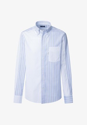 Lichtblauw en wit gestreept overhemd met lange mouwen, kraag en een borstzak. Zachte stof met een gladde textuur.